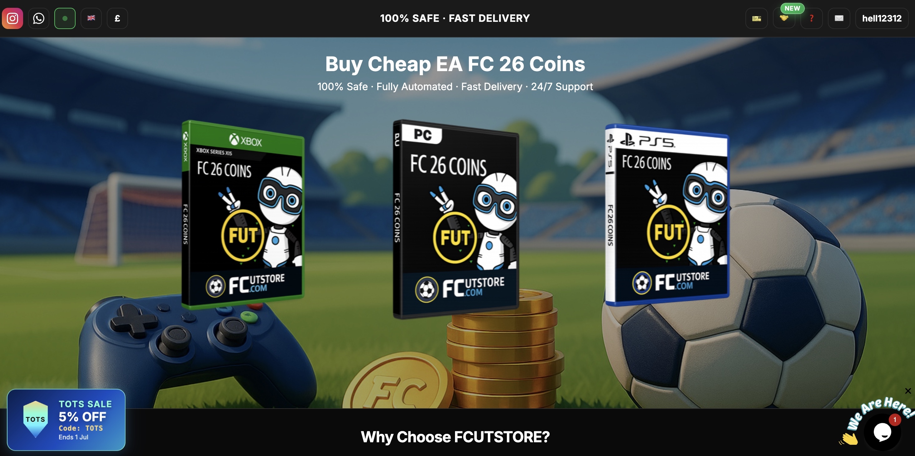 FCUTStore website screenshot showing EA FC 26 coin product page